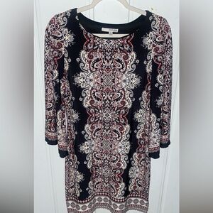 Studio One Boho Black, Burgundy and Cream Long Sleeve Paisley Sheath Dress